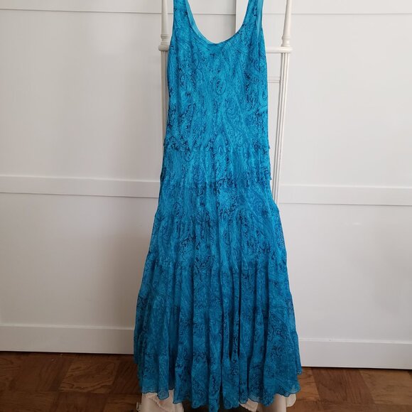 BNWoT JONES WEAR dreamy boho fit flare vivid turquoise paisley tiered maxi (12) - Picture 4 of 9